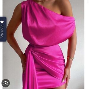 Runaway pink satin mini dress with tie waist